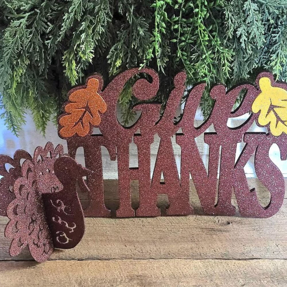 Glitter Maple Leaf Give Thanks Wall Hanging Sign & Turkey Thanksgiving Decor